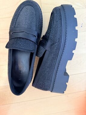 Womens Black Studded Platform Loafers